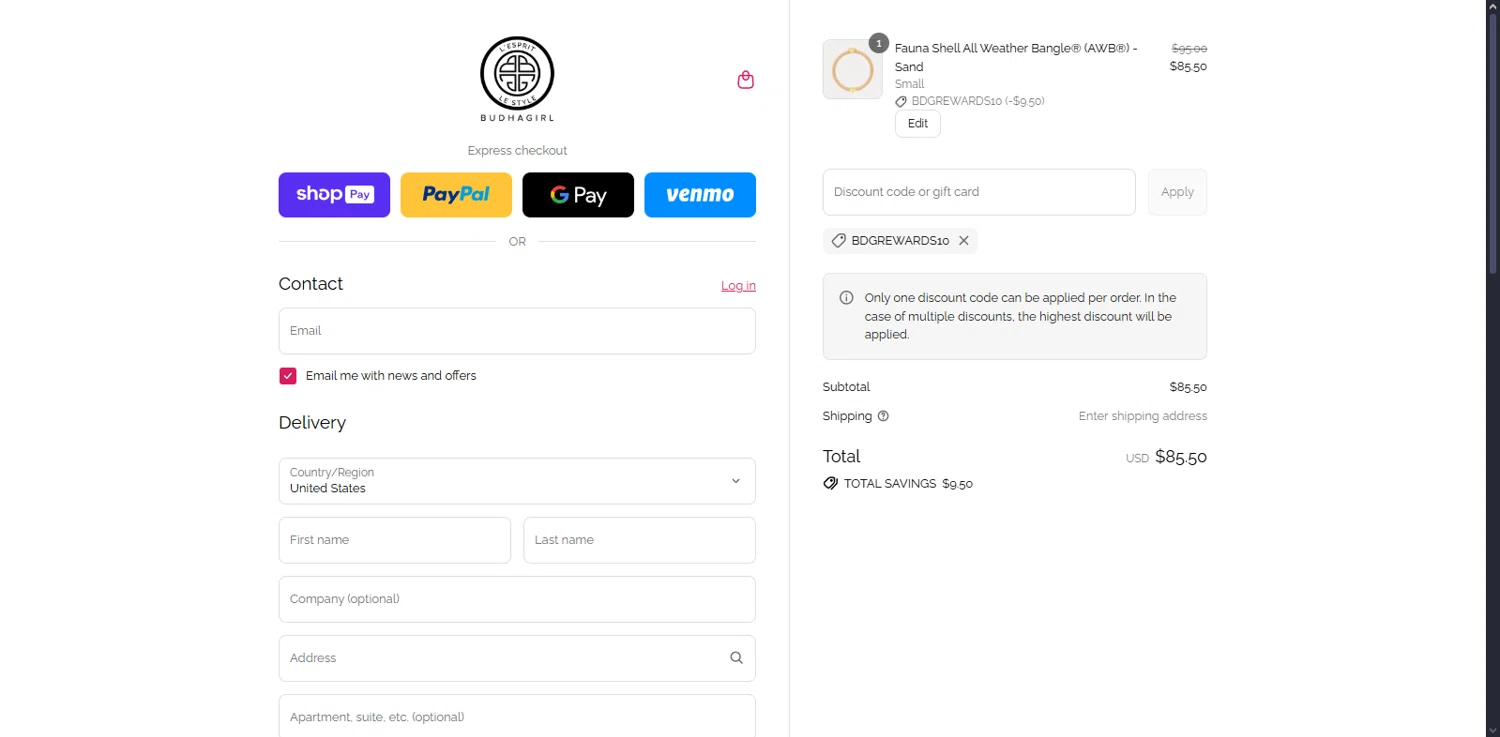BuDhaGirl discount code screenshot showing code BDGREWARDS10 applied at BuDhaGirl checkout page. Uploaded by SimplyCodes community member Serdanvz on Aug 16, 2025