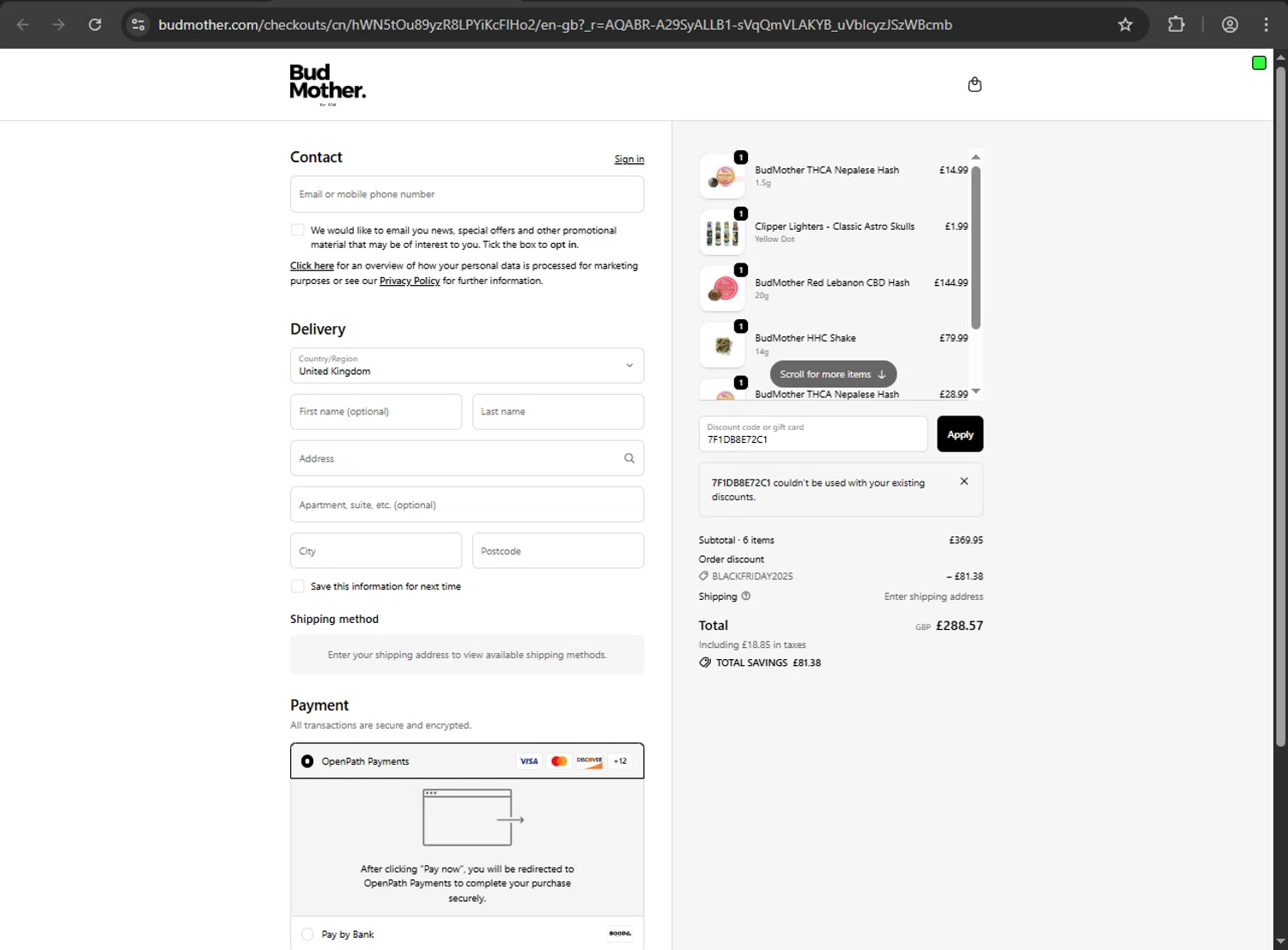 BudMother discount code screenshot showing code 7F1DB8E72C1 applied at BudMother checkout page. Uploaded by SimplyCodes community member 61664350 on Nov 30, 2025