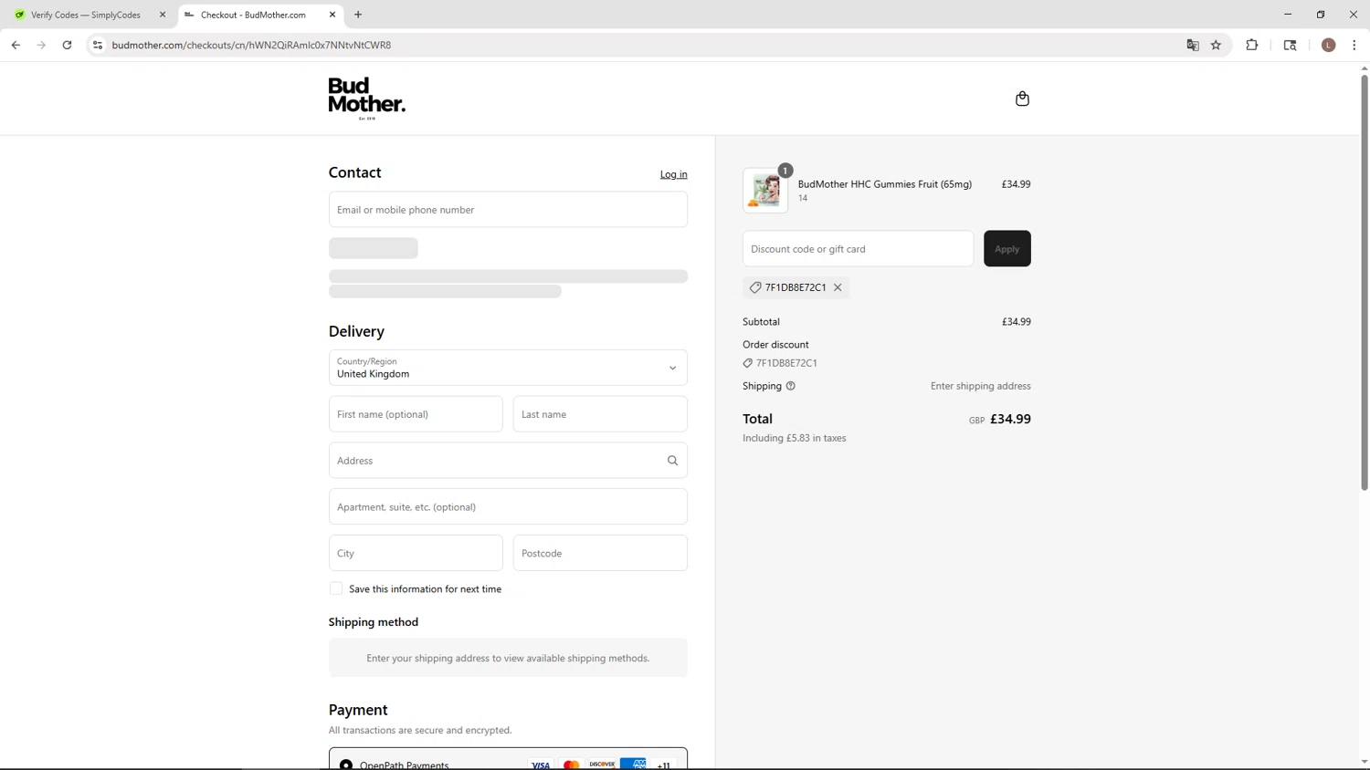 BudMother discount code screenshot showing code 7F1DB8E72C1 applied at BudMother checkout page. Uploaded by SimplyCodes community member BENELLI on Aug 31, 2025