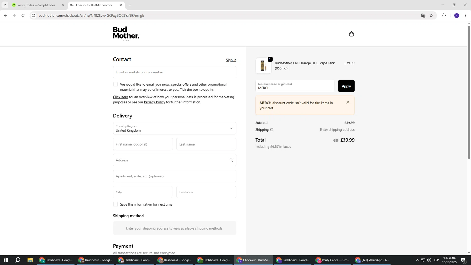 BudMother discount code screenshot showing code MERCH applied at BudMother checkout page. Uploaded by SimplyCodes community member AberthGotopo on Oct 15, 2025