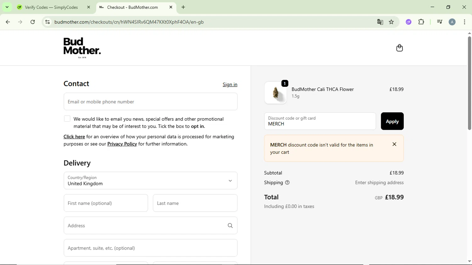 BudMother discount code screenshot showing code MERCH applied at BudMother checkout page. Uploaded by SimplyCodes community member DiscountVirtuoso6243 on Oct 23, 2025