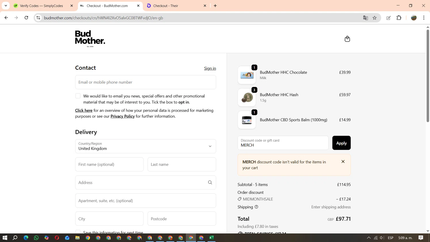 BudMother discount code screenshot showing code MERCH applied at BudMother checkout page. Uploaded by SimplyCodes community member FundoEsperanza on Oct 19, 2025