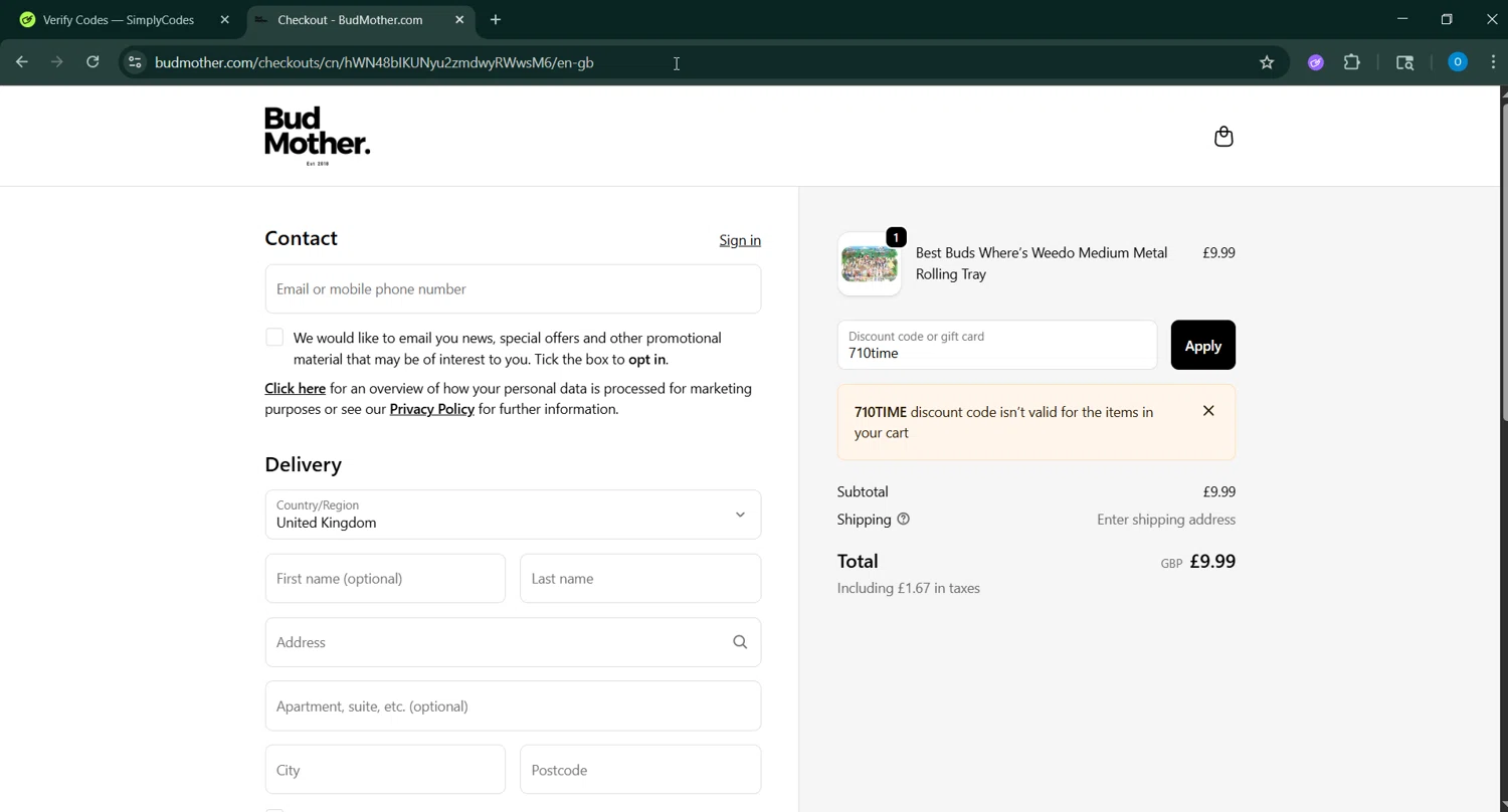 BudMother discount code screenshot showing code 710time applied at BudMother checkout page. Uploaded by SimplyCodes community member GoldAdmiral5202 on Oct 15, 2025