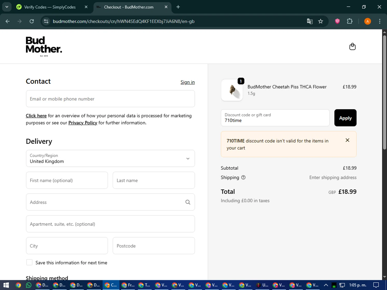 BudMother discount code screenshot showing code 710time applied at BudMother checkout page. Uploaded by SimplyCodes community member MoneyPhoenix4664 on Oct 23, 2025