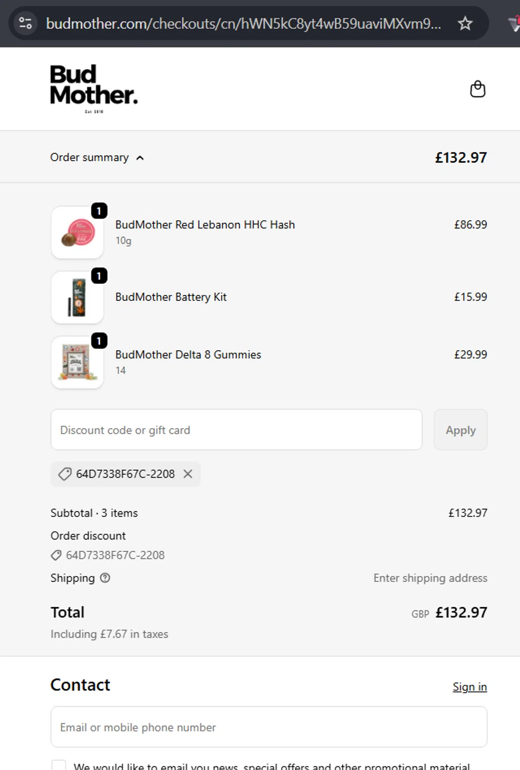 BudMother discount code screenshot showing code 64D7338F67C-2208 applied at BudMother checkout page. Uploaded by SimplyCodes community member RafaLB on Nov 26, 2025