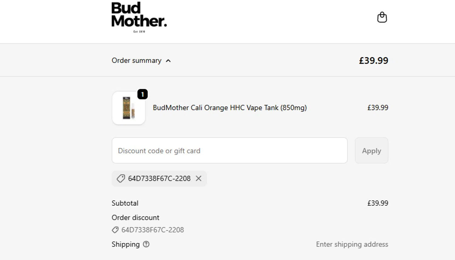 BudMother discount code screenshot showing code 64D7338F67C-2208 applied at BudMother checkout page. Uploaded by SimplyCodes community member ashe1986 on Nov 26, 2025