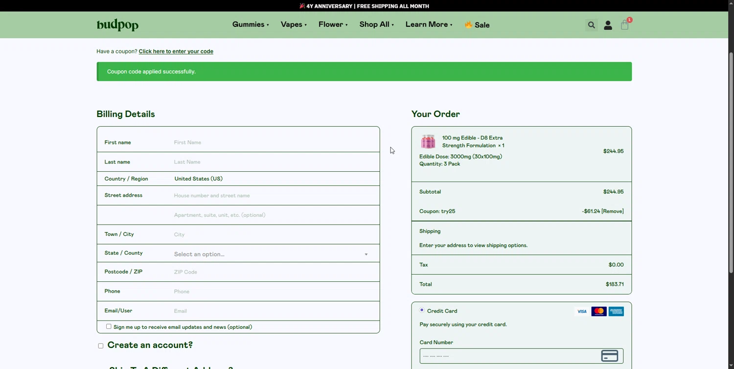 BudPop promo code screenshot showing code TRY25 applied at BudPop checkout page. Uploaded by SimplyCodes community member DonutPunks on Jul 29, 2025