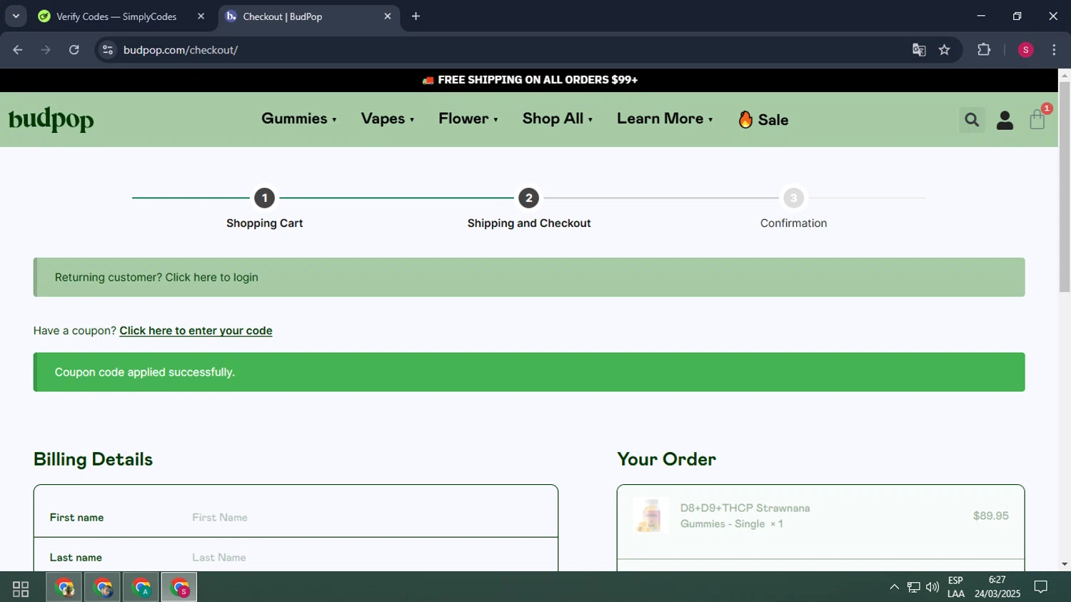 BudPop promo code screenshot showing code AB30 applied at BudPop checkout page. Uploaded by SimplyCodes community member BALLERINA on Mar 24, 2025