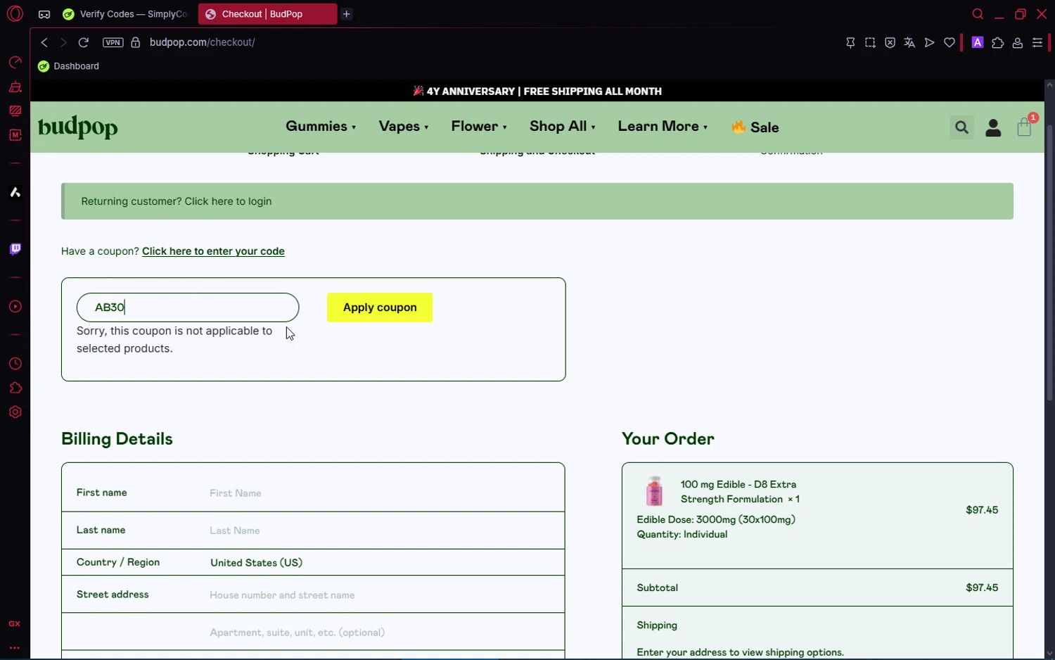 BudPop promo code screenshot showing code AB30 applied at BudPop checkout page. Uploaded by SimplyCodes community member number_1 on Jul 20, 2025