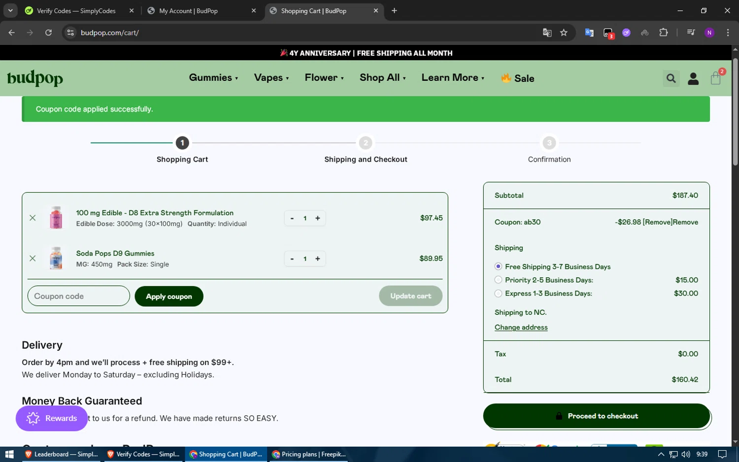 BudPop promo code screenshot showing code AB30 applied at BudPop checkout page. Uploaded by SimplyCodes community member usuario500 on Jul 20, 2025