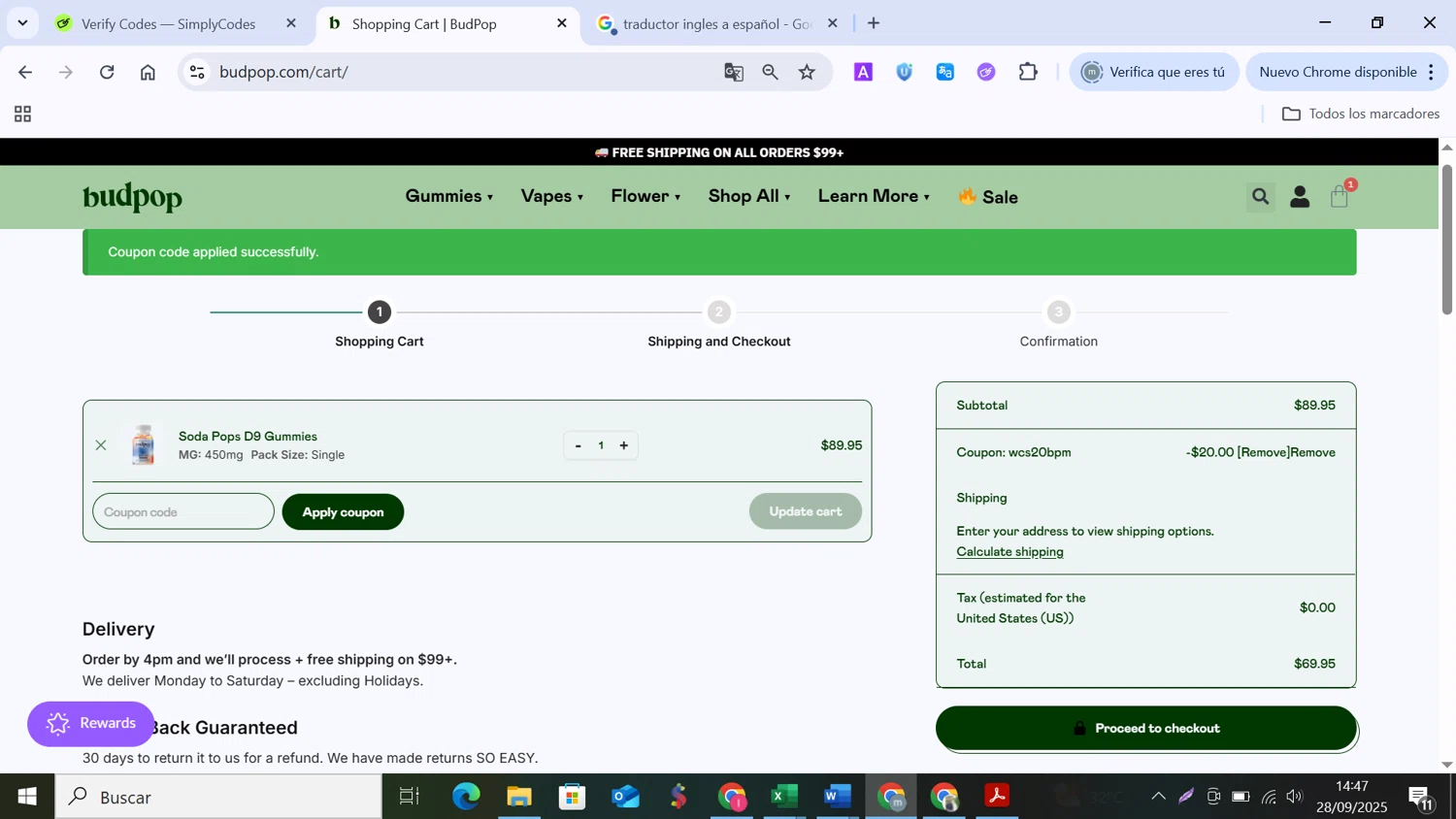 BudPop promo code screenshot showing code Wcs20bpm applied at BudPop checkout page. Uploaded by SimplyCodes community member MANUELURBINA on Sep 28, 2025