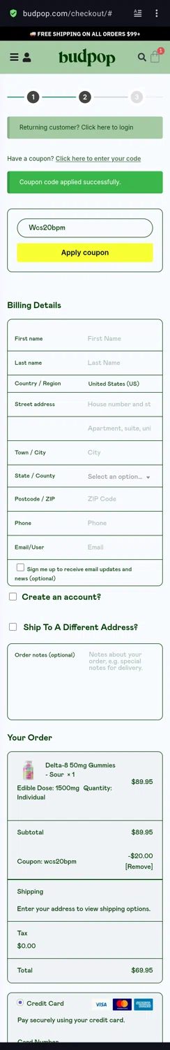 BudPop promo code screenshot showing code Wcs20bpm applied at BudPop checkout page. Uploaded by SimplyCodes community member Olivatle37 on Sep 28, 2025