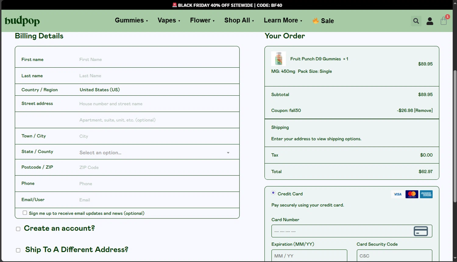 BudPop checkout page showing BudPop promo code box | Screenshot taken by SimplyCodes community member on Nov 30, 2025