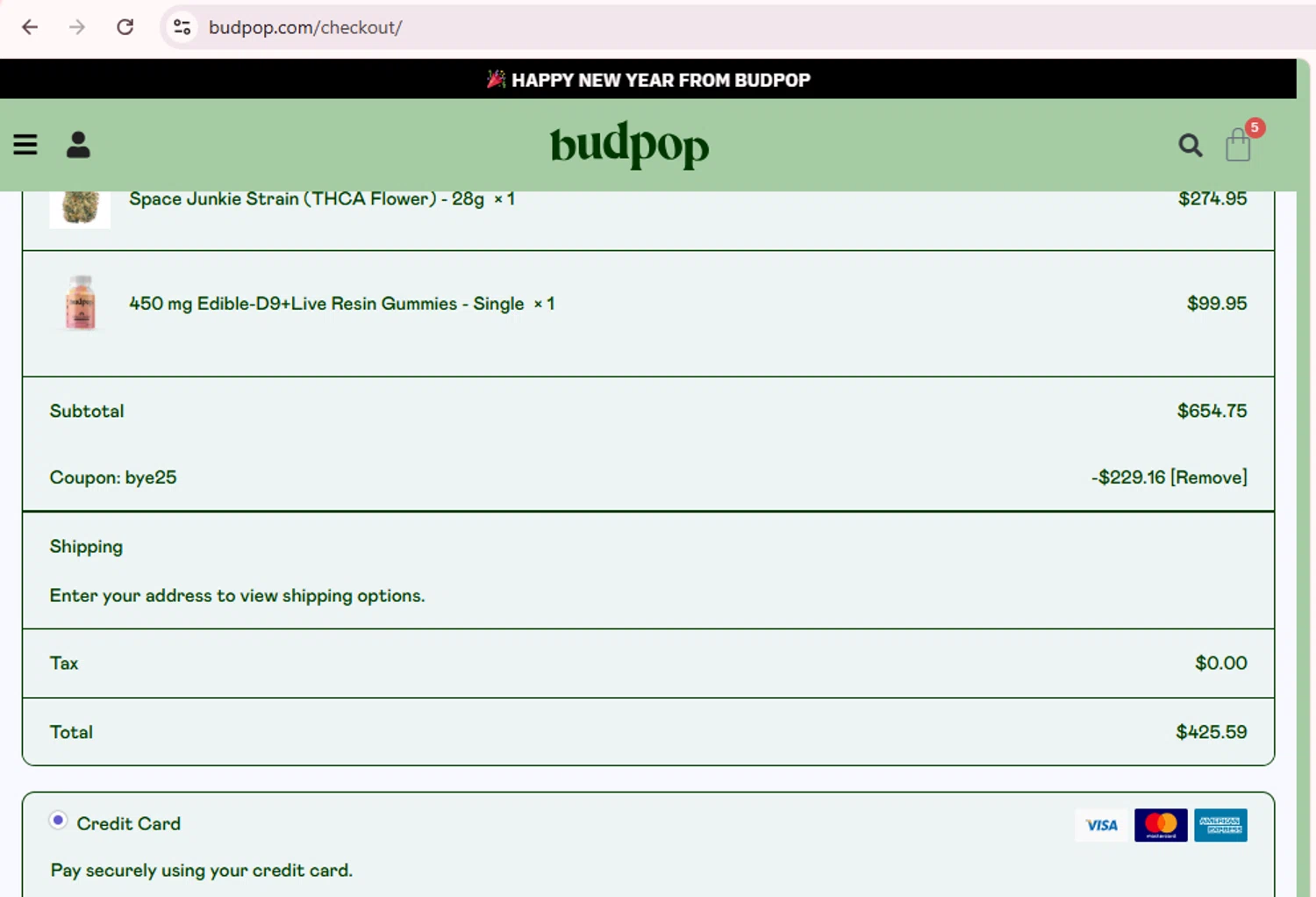 BudPop promo code screenshot showing code bye25 applied at BudPop checkout page. Uploaded by SimplyCodes community member PromoExpert5262 on Jan 4, 2026