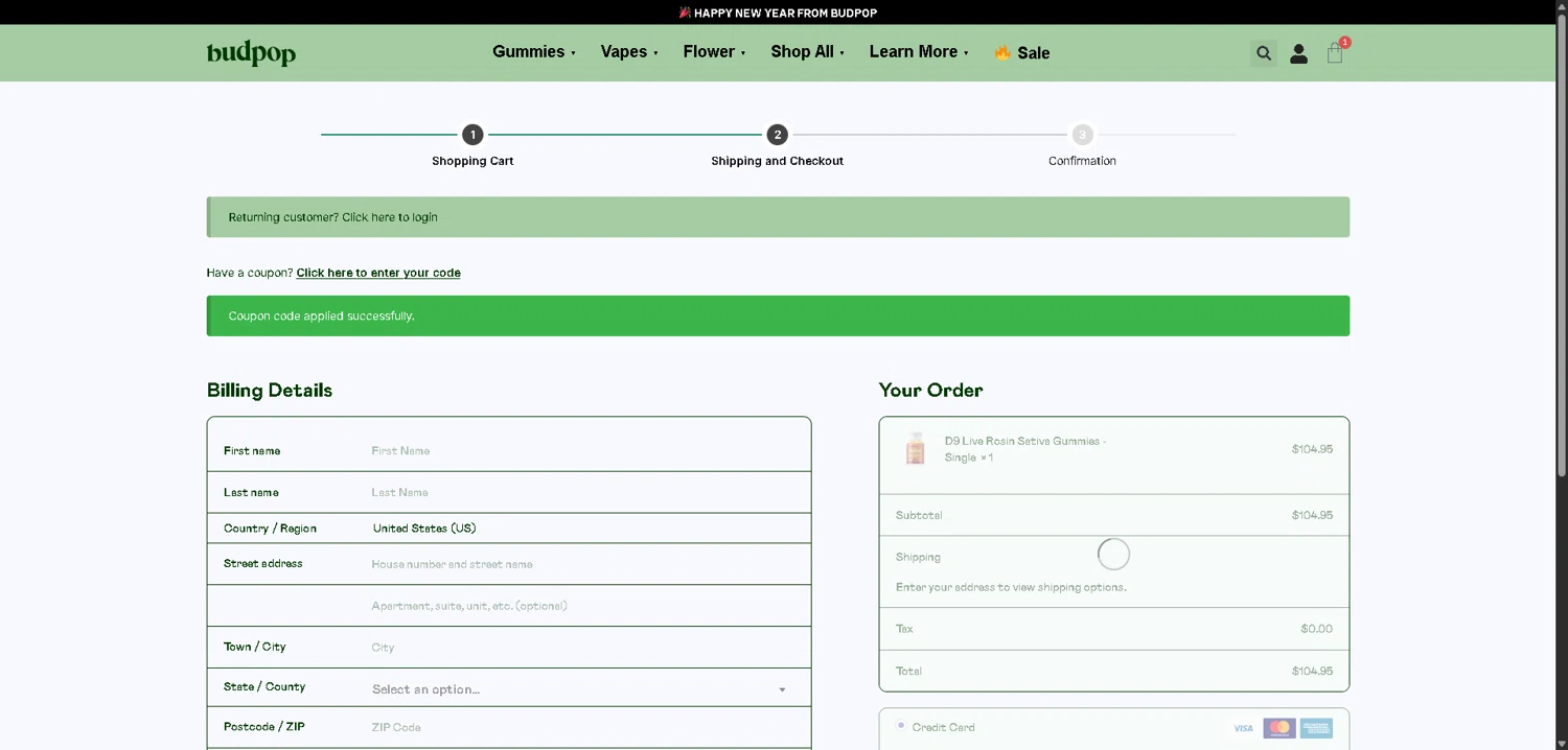 BudPop checkout page showing BudPop promo code box | Screenshot taken by SimplyCodes community member on Jan 4, 2026