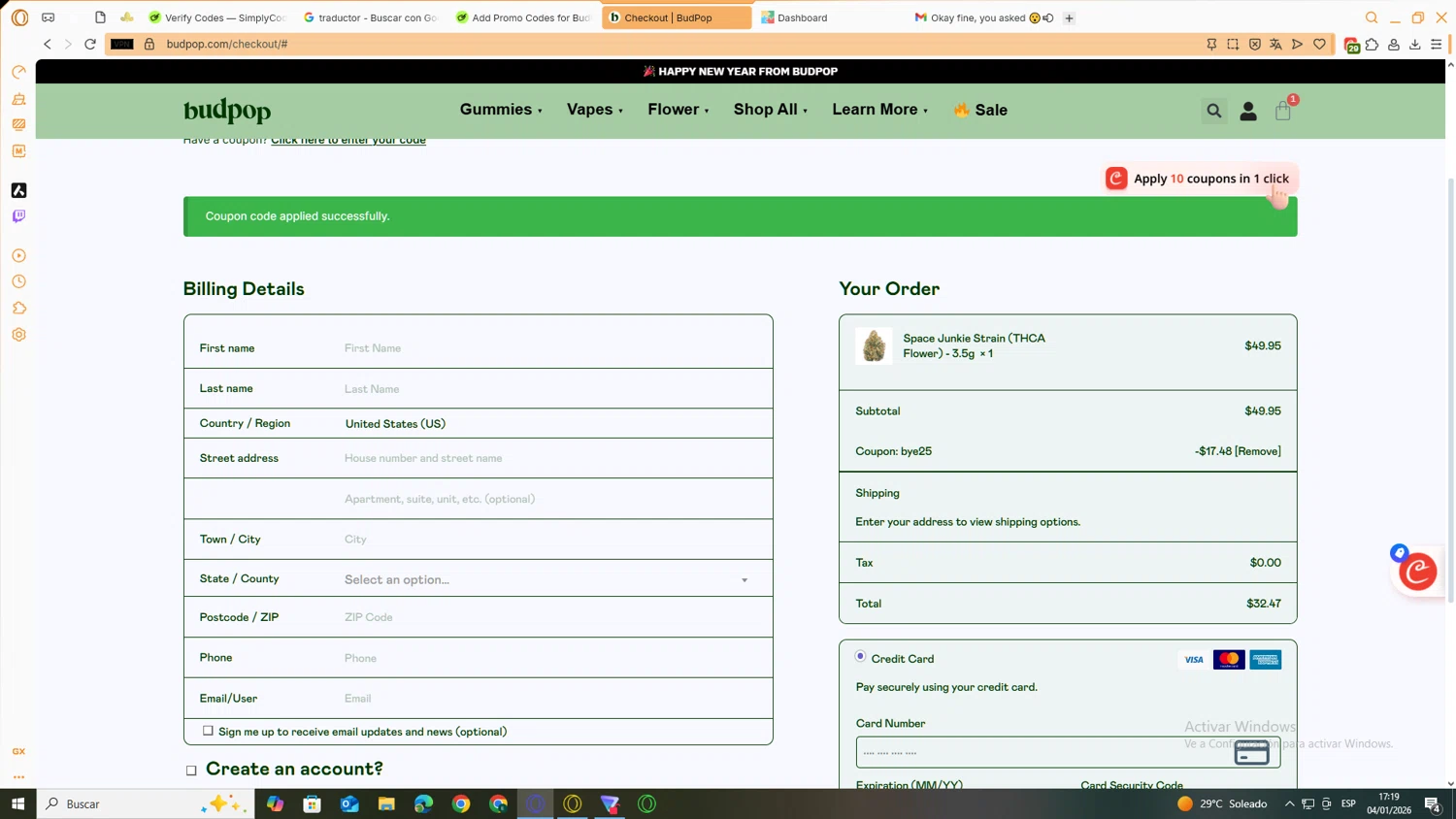 BudPop promo code screenshot showing code bye25 applied at BudPop checkout page. Uploaded by SimplyCodes community member JEUGENIO on Jan 4, 2026