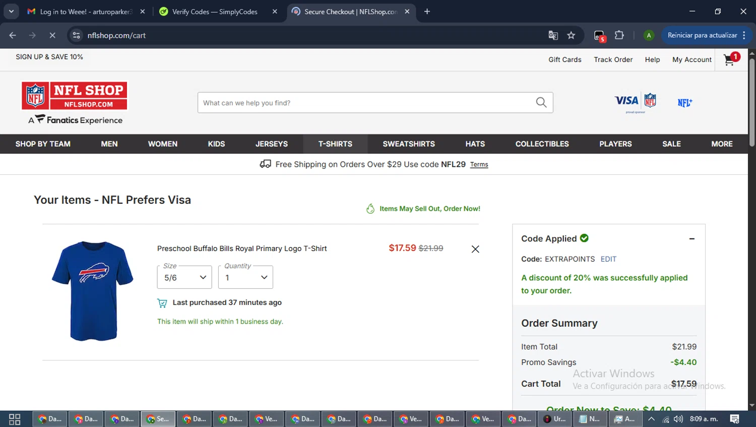 Buffalo Bills checkout page showing Buffalo Bills promo code box | Screenshot taken by SimplyCodes community member on Jan 14, 2026