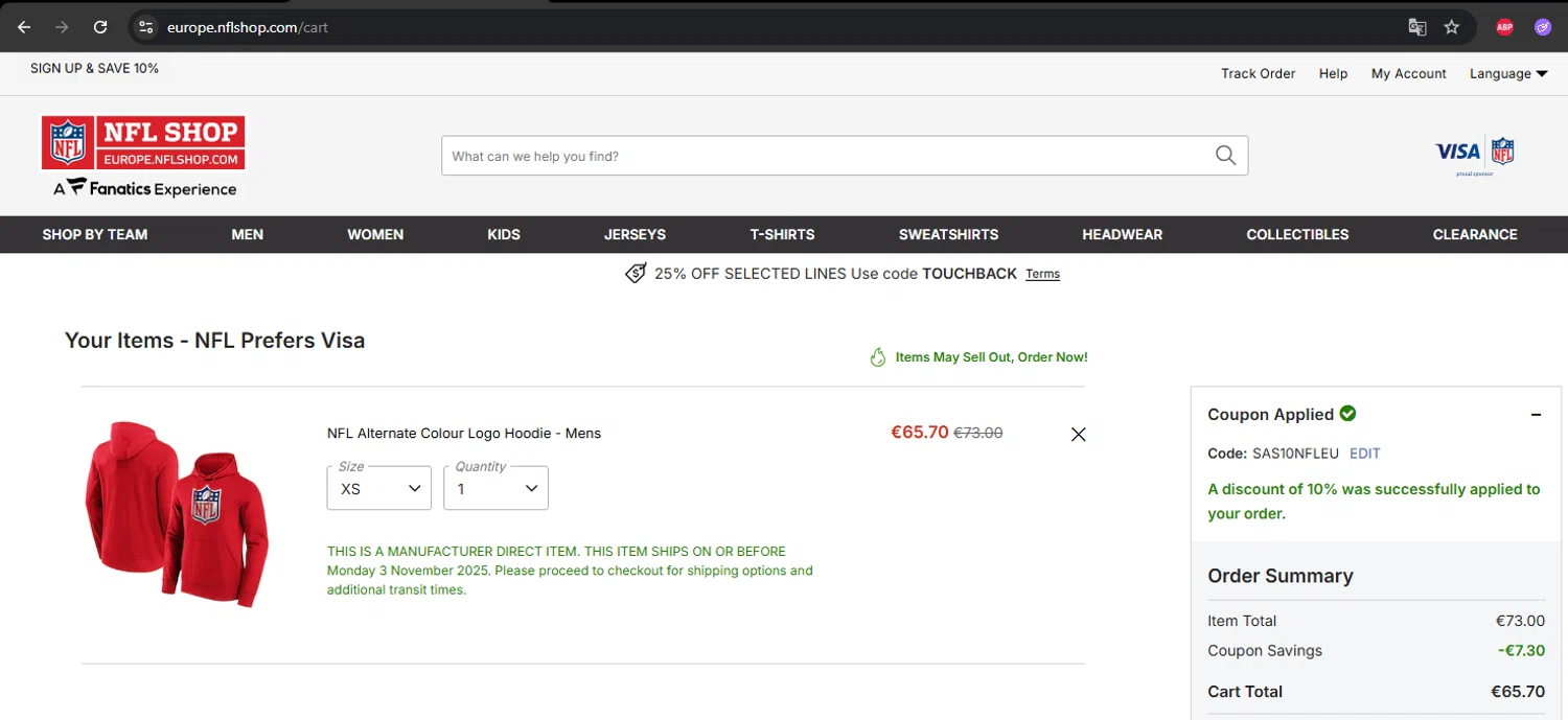 Buffalo Bills promo code screenshot showing code SAS10NFLEU applied at Buffalo Bills checkout page. Uploaded by SimplyCodes community member Kony24 on Oct 27, 2025