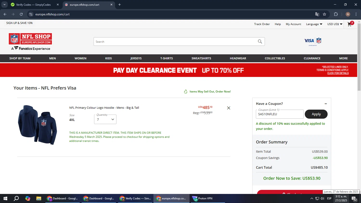 Buffalo Bills promo code screenshot showing code SAS10NFLEU applied at Buffalo Bills checkout page. Uploaded by SimplyCodes community member DiscountPioneer2554 on Feb 27, 2025
