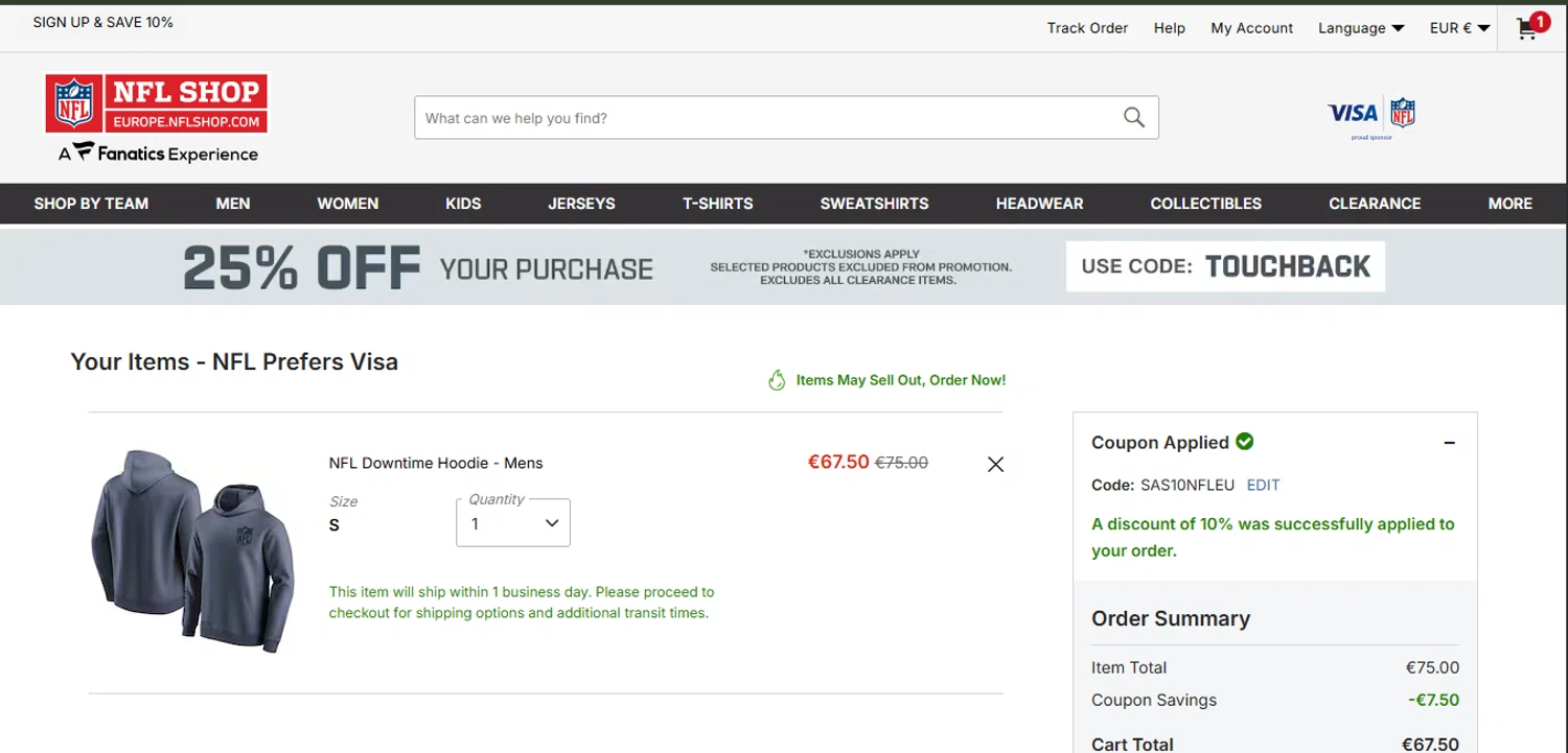 Buffalo Bills promo code screenshot showing code SAS10NFLEU applied at Buffalo Bills checkout page. Uploaded by SimplyCodes community member davisams on Jul 18, 2025