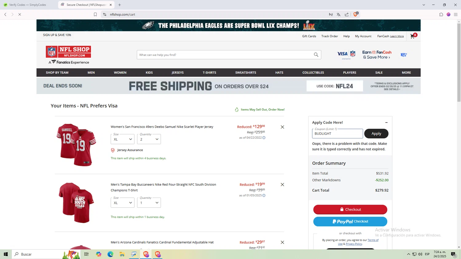 Buffalo Bills promo code screenshot showing code BUDLIGHT applied at Buffalo Bills checkout page. Uploaded by SimplyCodes community member NARUTO_UZUMAKIsx on Feb 24, 2025
