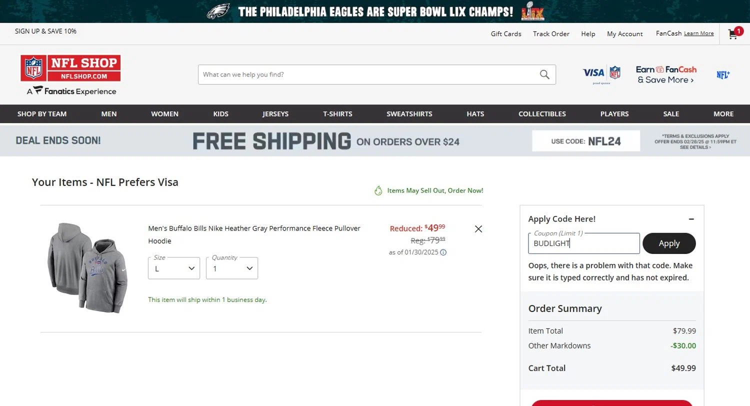 Buffalo Bills promo code screenshot showing code BUDLIGHT applied at Buffalo Bills checkout page. Uploaded by SimplyCodes community member LUAR777 on Feb 24, 2025