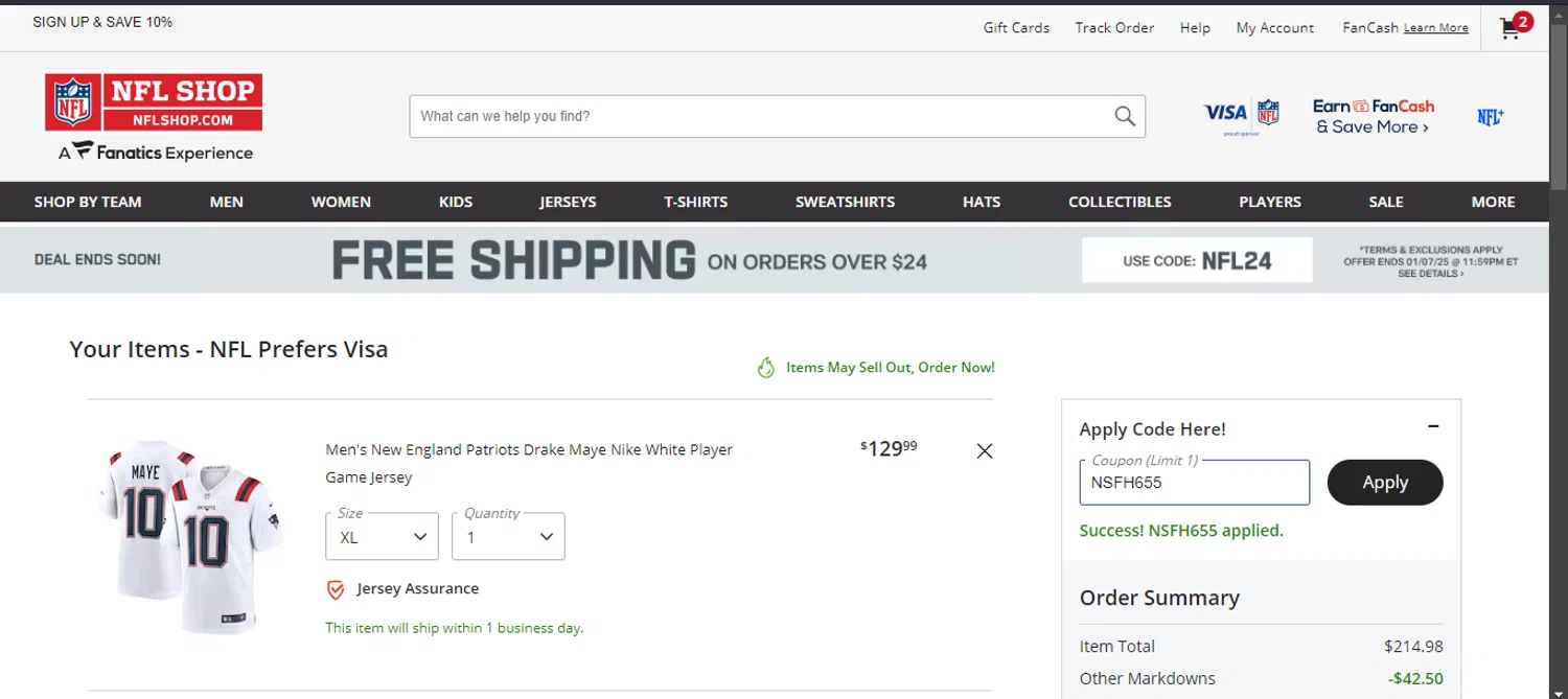 Buffalo Bills promo code screenshot showing code NSFH655 applied at Buffalo Bills checkout page. Uploaded by SimplyCodes community member fiadaz on Jan 4, 2025