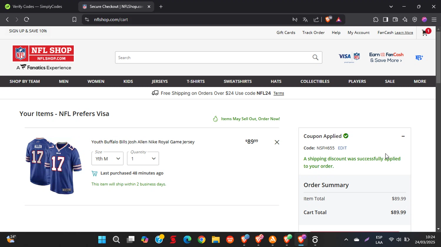 Buffalo Bills promo code screenshot showing code NSFH655 applied at Buffalo Bills checkout page. Uploaded by SimplyCodes community member VoucherPhoenix3332 on Mar 24, 2025