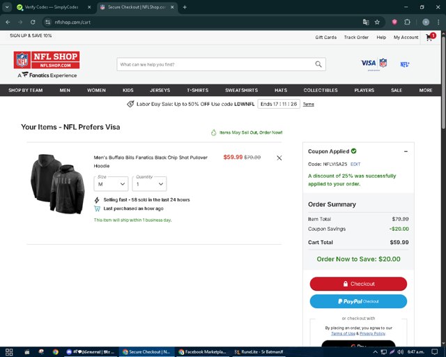 Buffalo Bills checkout page showing Buffalo Bills promo code box | Screenshot taken by SimplyCodes community member on Sep 1, 2025