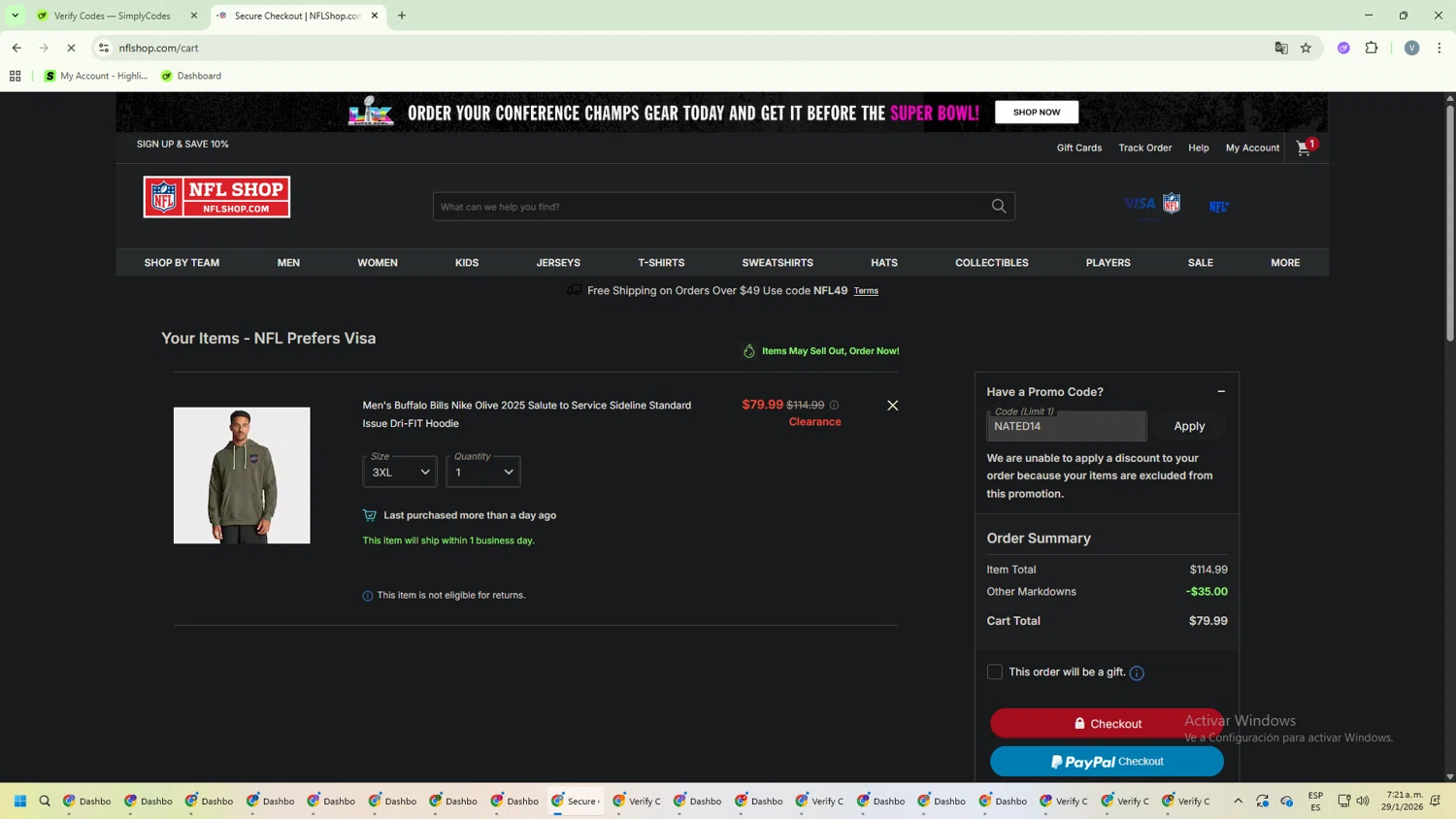 Buffalo Bills checkout page showing Buffalo Bills promo code box | Screenshot taken by SimplyCodes community member on Jan 29, 2026