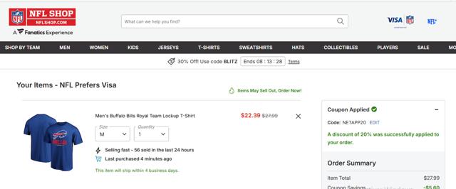 Buffalo Bills checkout page showing Buffalo Bills promo code box | Screenshot taken by SimplyCodes community member on Oct 4, 2025