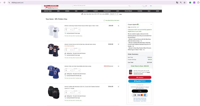 Buffalo Bills checkout page showing Buffalo Bills promo code box | Screenshot taken by SimplyCodes community member on Sep 1, 2025