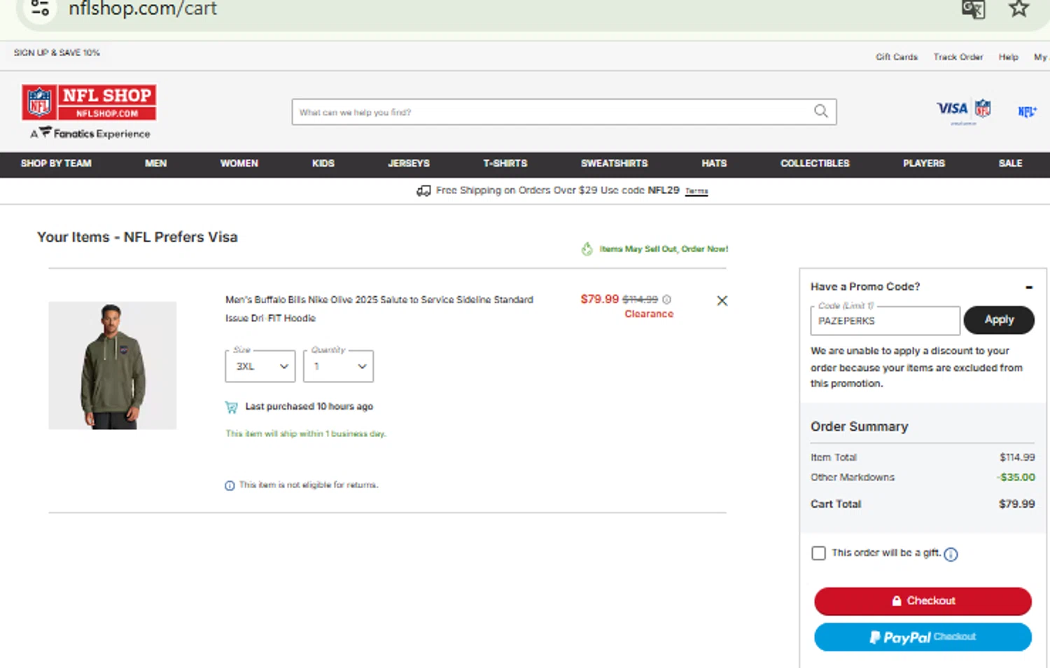 Buffalo Bills checkout page showing Buffalo Bills promo code box | Screenshot taken by SimplyCodes community member on Jan 16, 2026