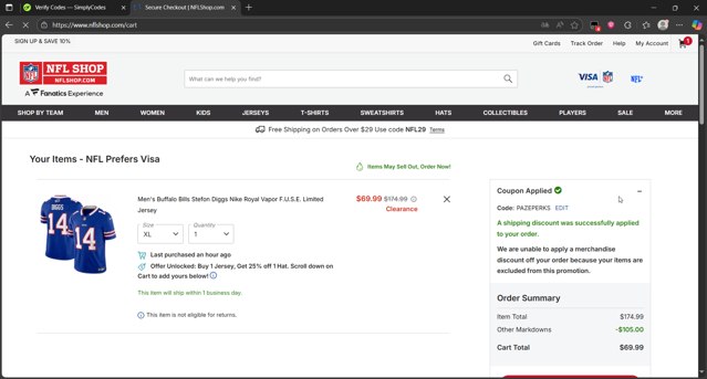 Buffalo Bills checkout page showing Buffalo Bills promo code box | Screenshot taken by SimplyCodes community member on Sep 7, 2025