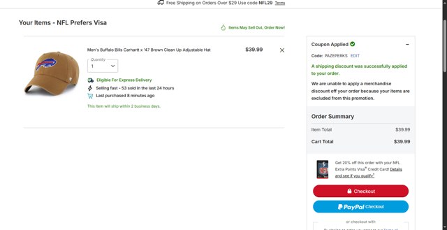 Buffalo Bills checkout page showing Buffalo Bills promo code box | Screenshot taken by SimplyCodes community member on Sep 4, 2025