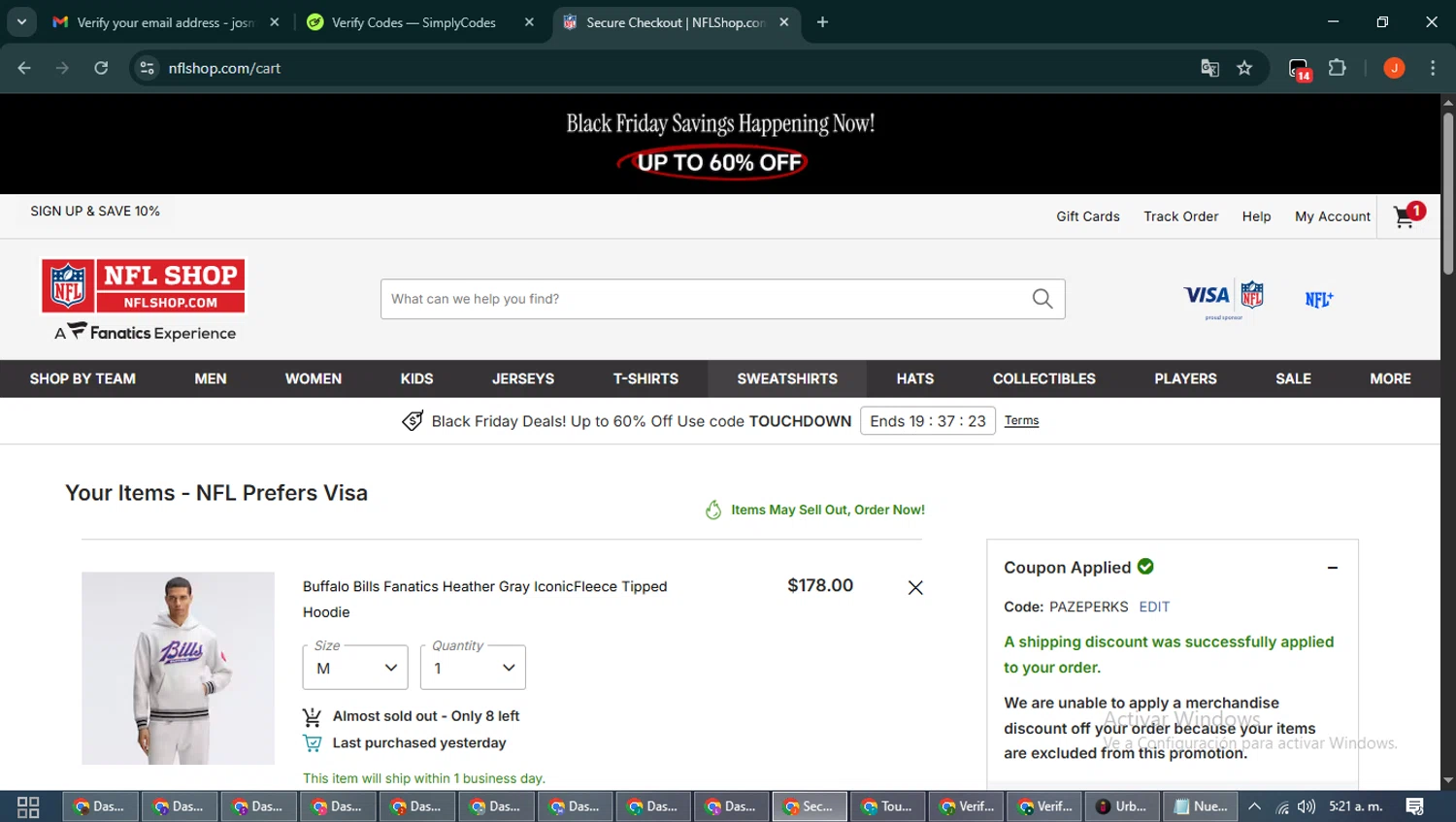 Buffalo Bills promo code screenshot showing code PAZEPERKS applied at Buffalo Bills checkout page. Uploaded by SimplyCodes community member NobleAce2304 on Nov 23, 2025