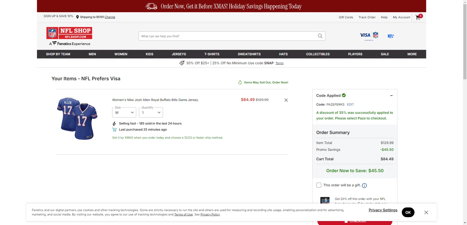 Buffalo Bills promo code screenshot showing code PAZEPERKS applied at Buffalo Bills checkout page. Uploaded by SimplyCodes community member PromoAdmiral6652 on Dec 16, 2025