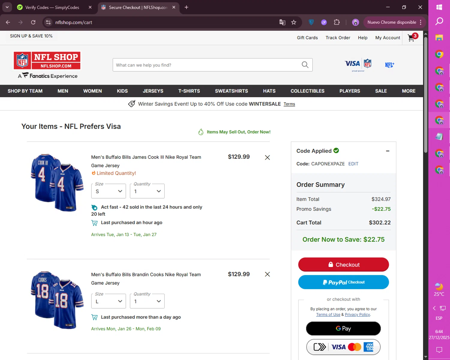 Buffalo Bills checkout page showing Buffalo Bills promo code box | Screenshot taken by SimplyCodes community member on Dec 27, 2025