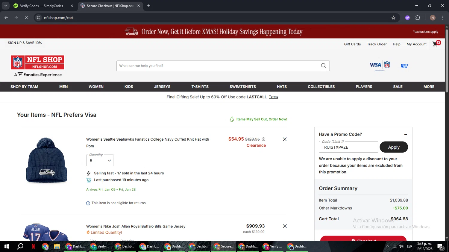 Buffalo Bills promo code screenshot showing code TRUISTXPAZE applied at Buffalo Bills checkout page. Uploaded by SimplyCodes community member DiscountPioneer2554 on Dec 19, 2025