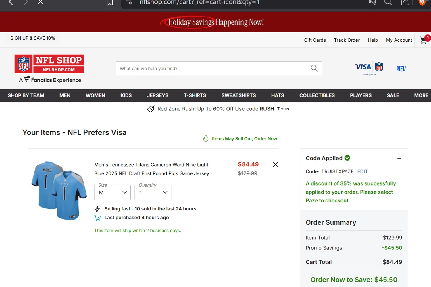 Buffalo Bills promo code screenshot showing code TRUISTXPAZE applied at Buffalo Bills checkout page. Uploaded by SimplyCodes community member GloriousTitan3094 on Dec 5, 2025
