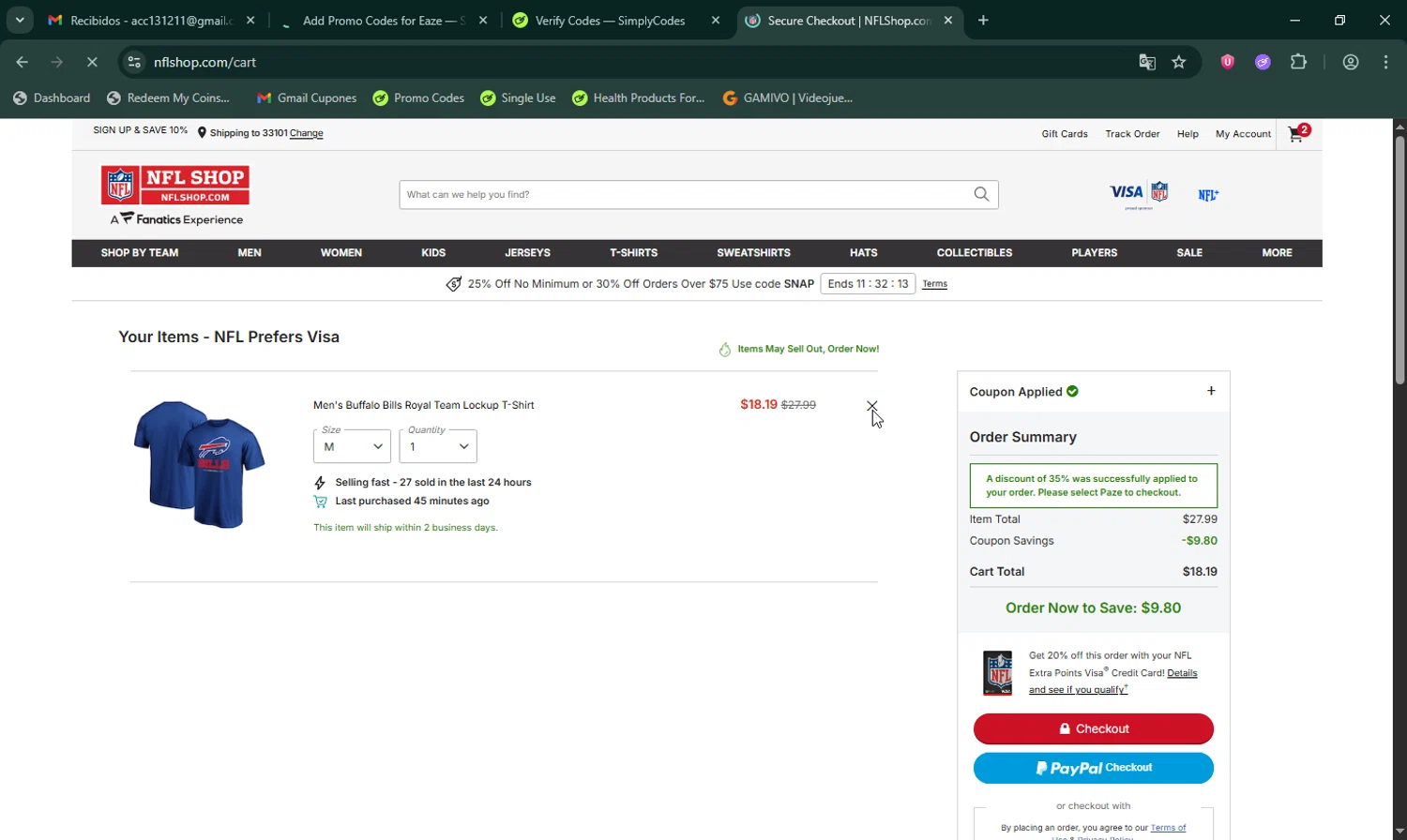 Buffalo Bills promo code screenshot showing code TRUISTXPAZE applied at Buffalo Bills checkout page. Uploaded by SimplyCodes community member LHaunter on Oct 17, 2025