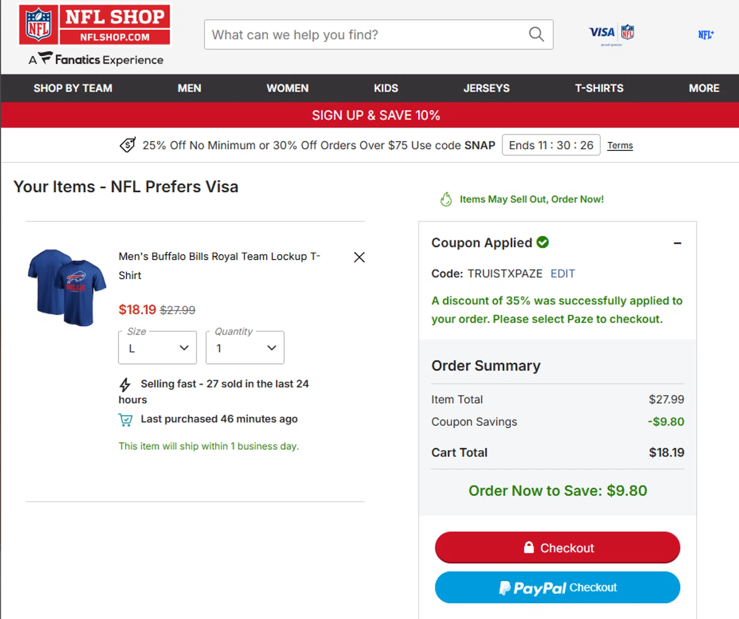 Buffalo Bills promo code screenshot showing code TRUISTXPAZE applied at Buffalo Bills checkout page. Uploaded by SimplyCodes community member Toundji on Oct 17, 2025