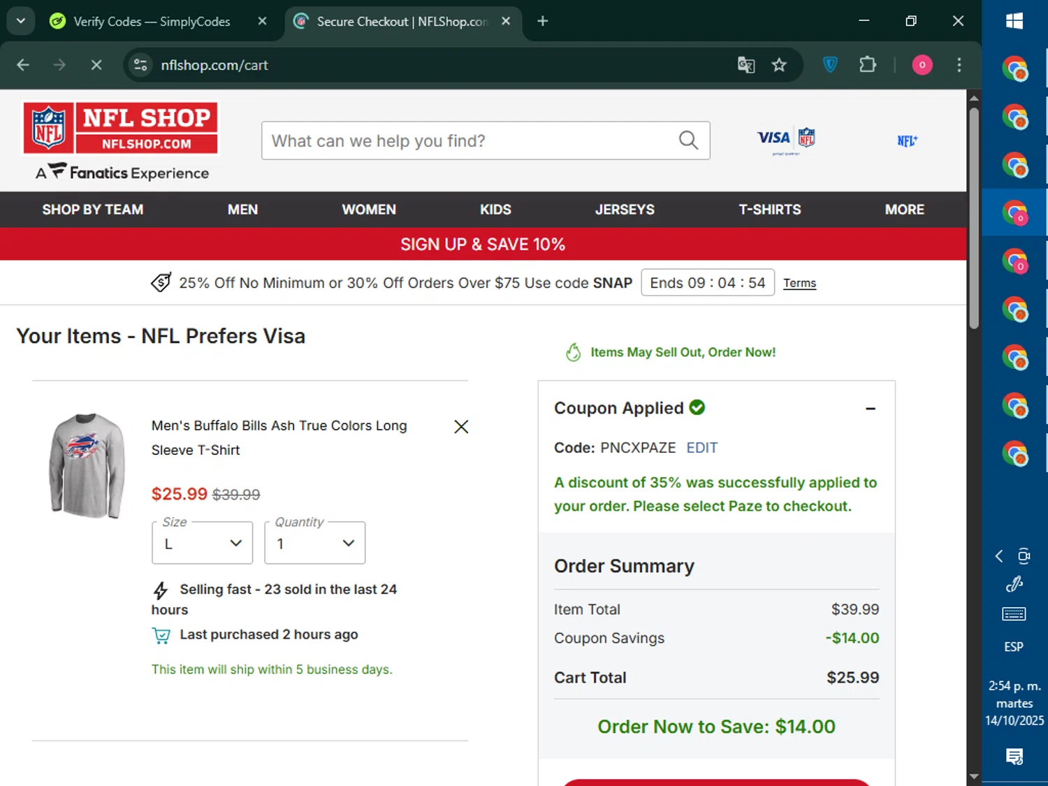 Buffalo Bills promo code screenshot showing code PNCXPAZE applied at Buffalo Bills checkout page. Uploaded by SimplyCodes community member RebateNavigator926 on Oct 14, 2025