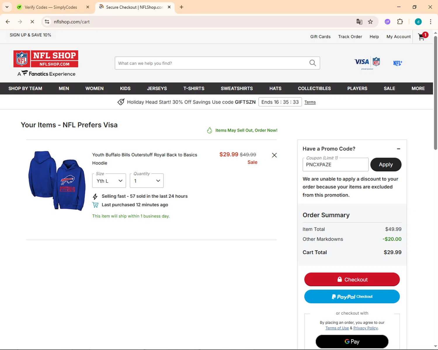 Buffalo Bills promo code screenshot showing code PNCXPAZE applied at Buffalo Bills checkout page. Uploaded by SimplyCodes community member Simpsince95 on Nov 16, 2025