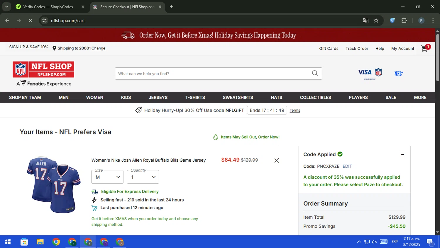 Buffalo Bills promo code screenshot showing code PNCXPAZE applied at Buffalo Bills checkout page. Uploaded by SimplyCodes community member pajarito on Dec 8, 2025