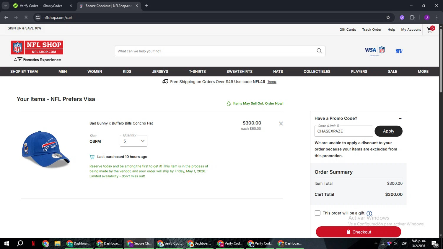 Buffalo Bills promo code screenshot showing code CHASEXPAZE applied at Buffalo Bills checkout page. Uploaded by SimplyCodes community member ComeBurra123 on Feb 3, 2026