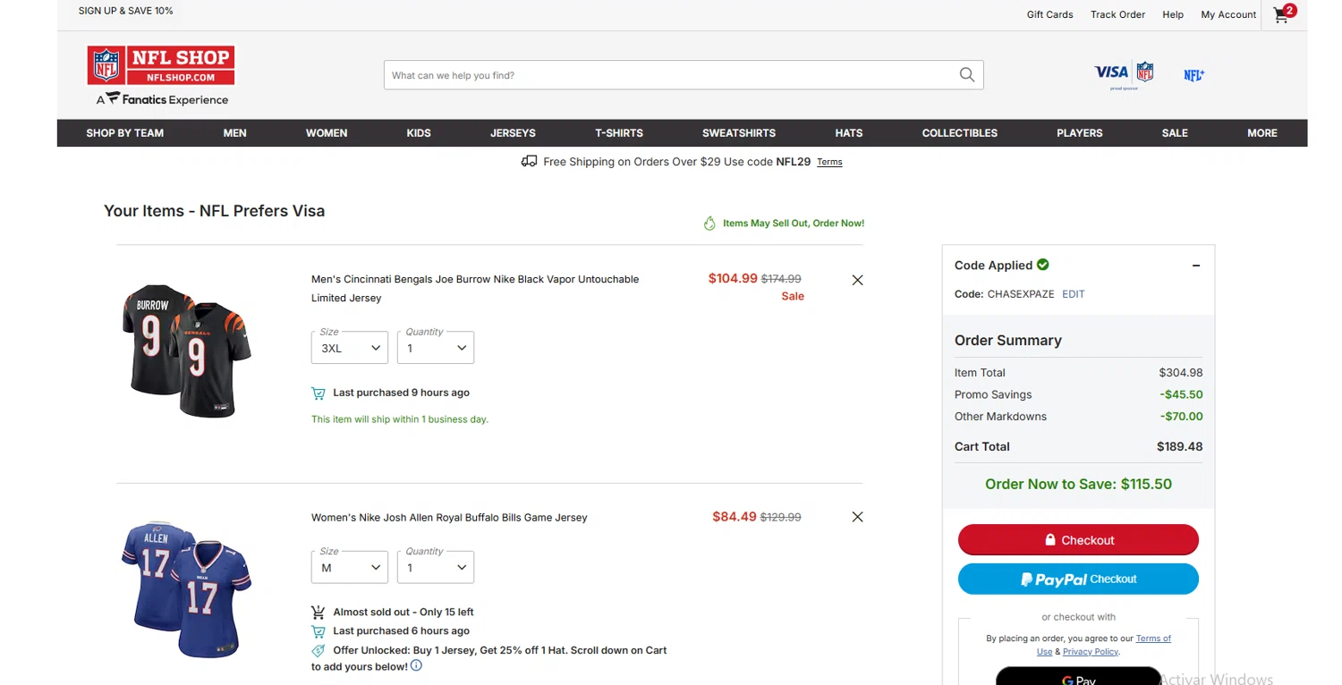 Buffalo Bills checkout page showing Buffalo Bills promo code box | Screenshot taken by SimplyCodes community member on Feb 25, 2026