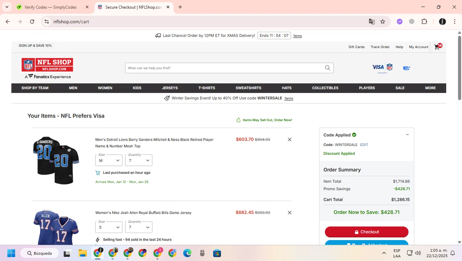 Buffalo Bills promo code screenshot showing code WINTERSALE applied at Buffalo Bills checkout page. Uploaded by SimplyCodes community member ChinoYugiXD on Dec 22, 2025