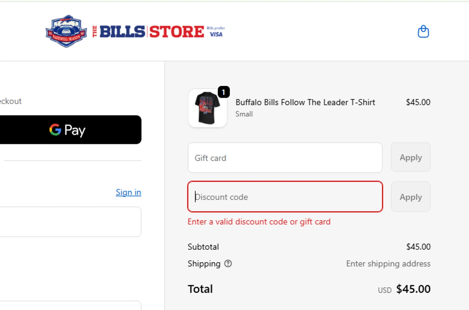 Buffalo Bills Shop promo code screenshot showing code BILLSWIN applied at Buffalo Bills Shop checkout page. Uploaded by SimplyCodes community member CouponLion324 on Dec 25, 2025