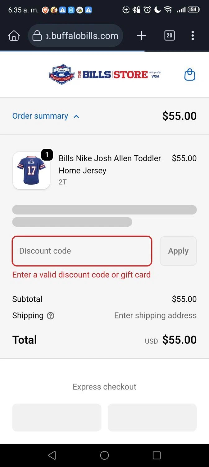 Buffalo Bills Shop promo code screenshot showing code BILLSWIN applied at Buffalo Bills Shop checkout page. Uploaded by SimplyCodes community member Georg3 on Dec 25, 2025